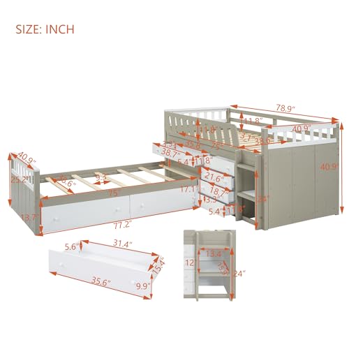 Twin over Twin Loft Bed Twin Platform Bed L-shaped Bed with 7 Drawers and Full Guardrails Storage Space-Saving Twin Bed, White (White, Twin)