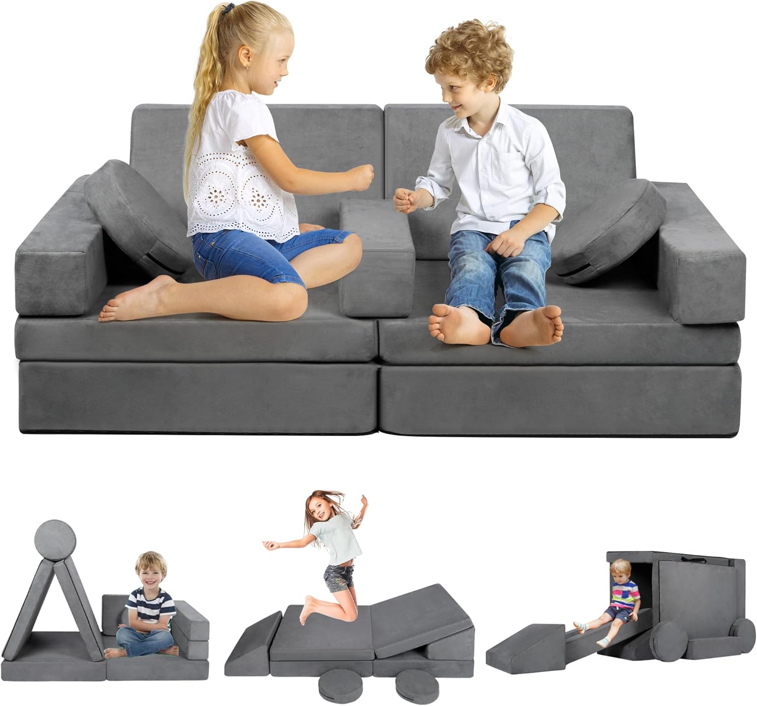 Kinder King Modular Kids Play Couch, 9PCS Toddler Sofa for Bedroom and Playroom Furniture, Convertible Floor Cushions/Kids Fort Couch, Indoor Child Creative Foam Couch for Boys and Girls, Grey