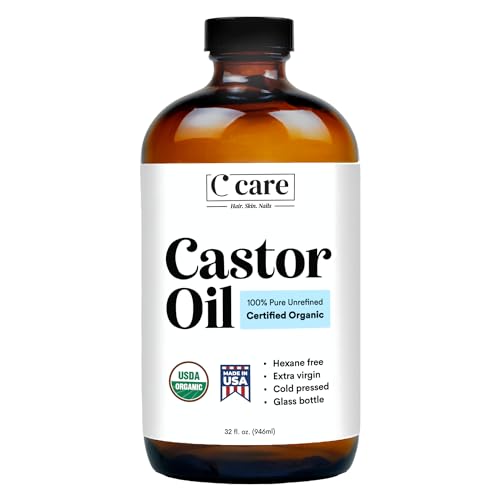 Castor Oil Organic Cold Pressed Unrefined Glass Bottle Hexane Free Extra Virgin USDA Certified 100% Pure Organic Castor Oil for Hair Growth Eyebrows Eyelashes Skin Use with Castor Oil Pack Wrap 32oz