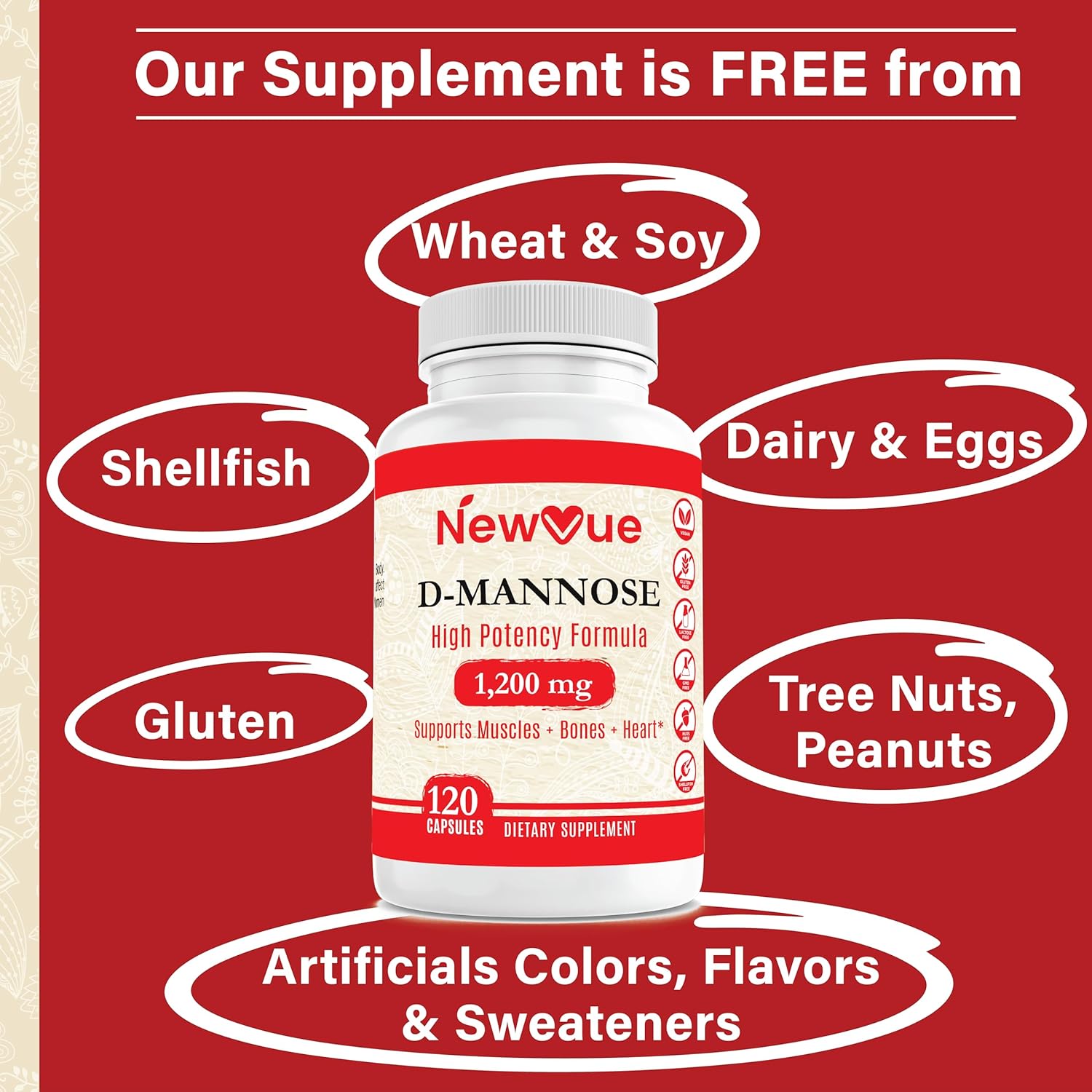 D-Mannose 1,200 mg Fast-Acting, Flush Impurities, Natural Urinary Tract Health- 120 Veggie Capsules by New Vue