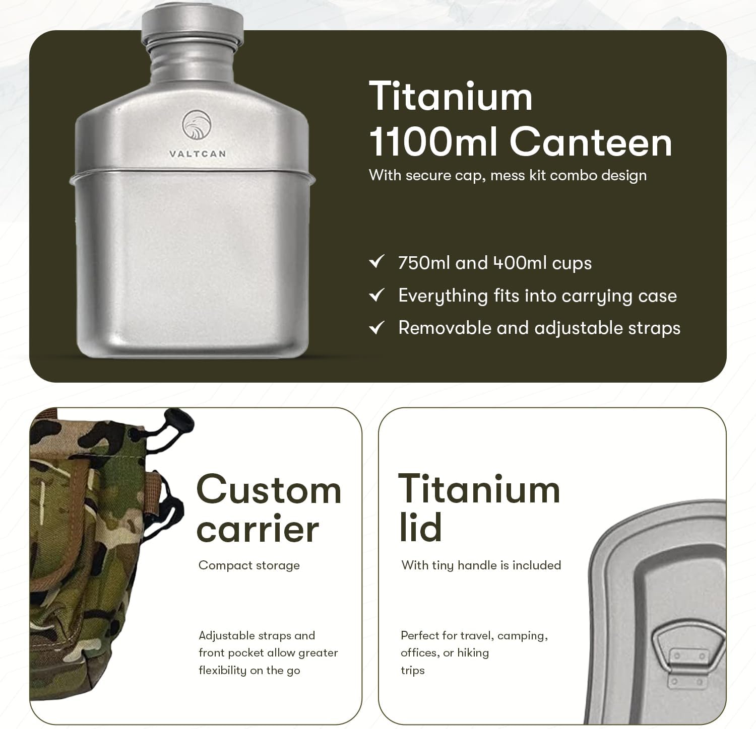 Valtcan Titanium Canteen Military Mess Kit 1100ml 37oz Capacity with 750ml and 400ml cookware Cups