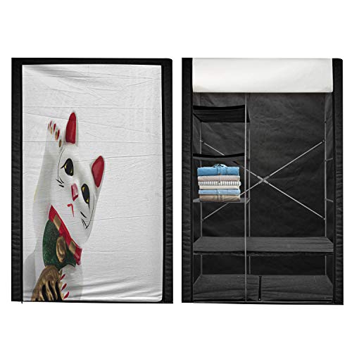 Ambesonne Japanese Cat Portable Fabric Wardrobe, Lucky Cat Neko Success Fortune Traditional Cartoon Kitten in Asian Style, Clothing Organizer and Storage Closet with Shelves, 42.5