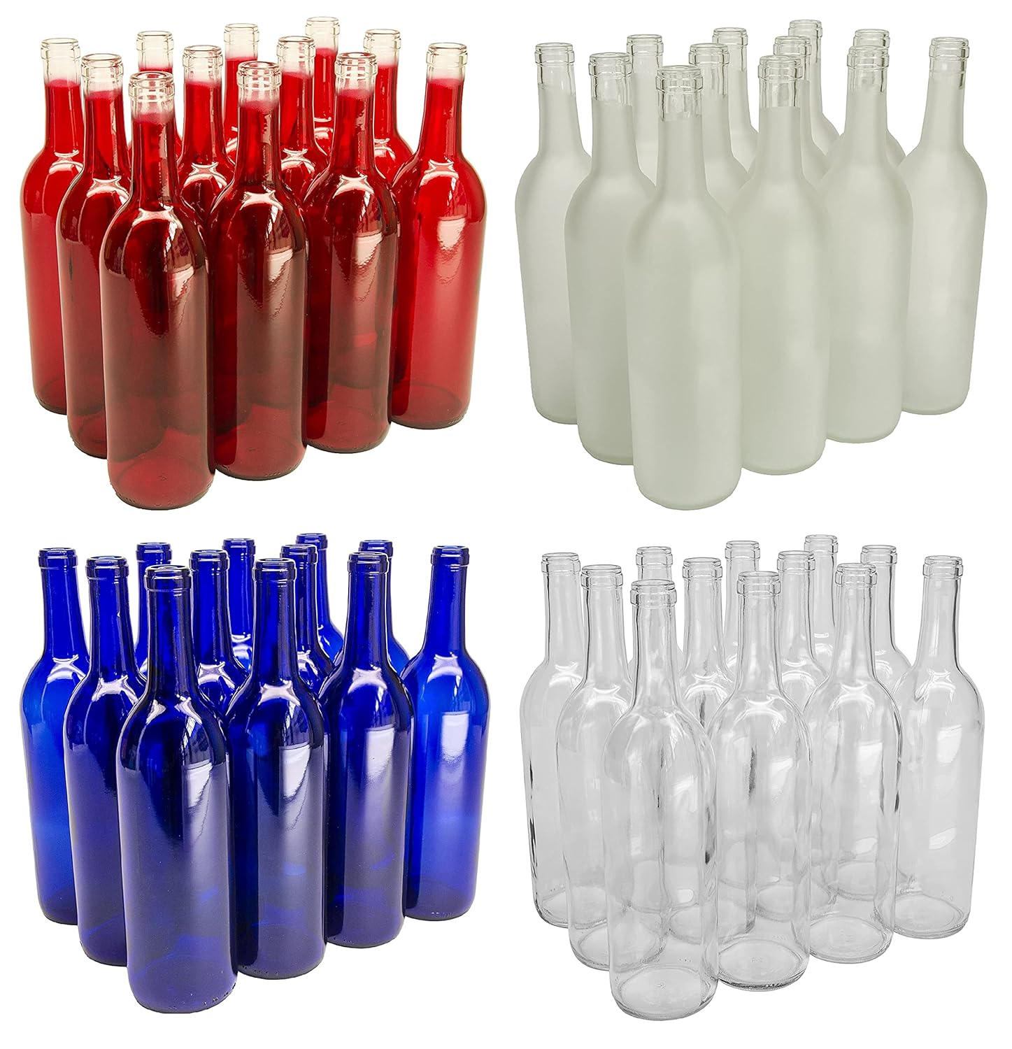 North Mountain Supply Assortment of Red, White, Blue & Clear Glass Bordeaux Wine Bottle 750ml Flat-Bottomed Cork Finish - 48 Bottles (12 Red, 12 Frosted White, 12 Blue, & 12 Clear)