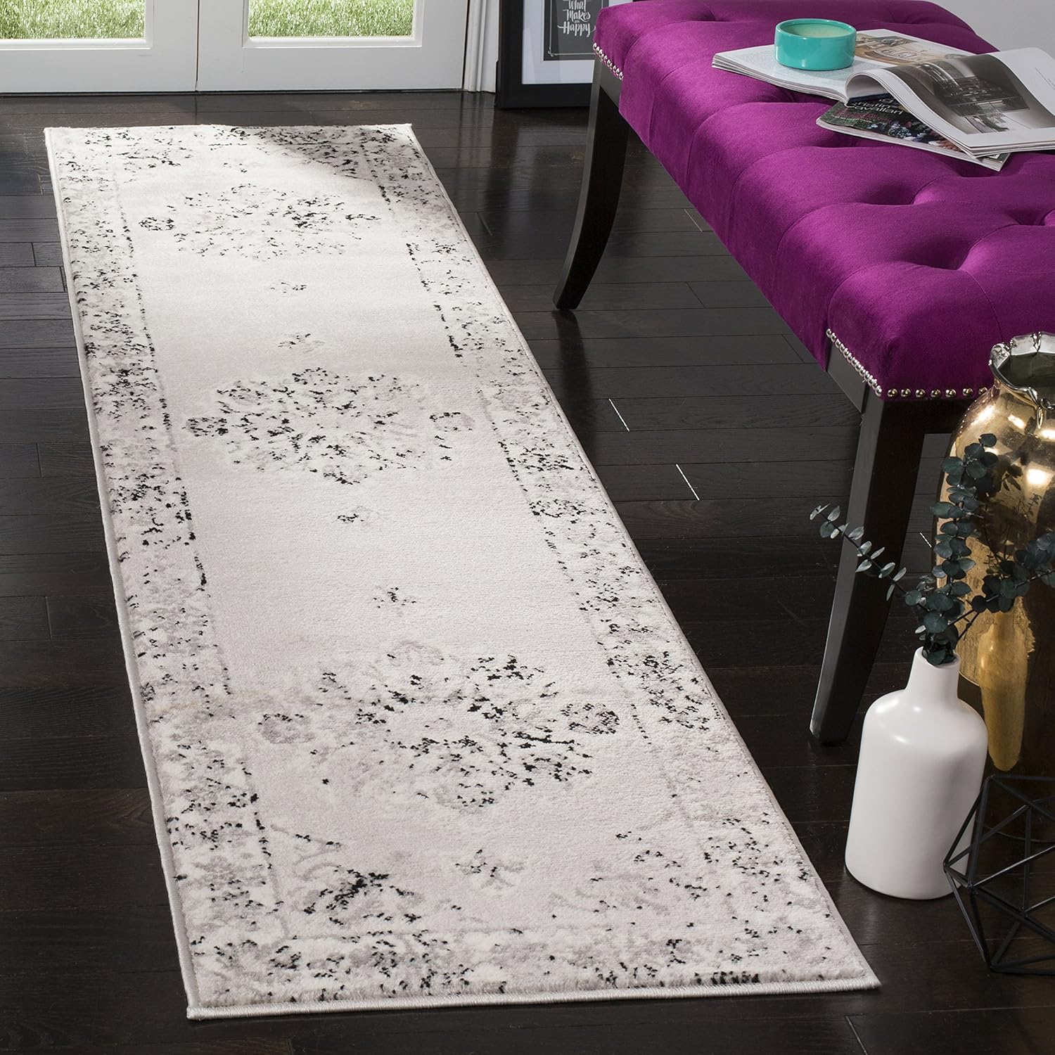 SAFAVIEH Skyler Collection 2' x 12' Grey/Ivory SKY169K Distressed Medallion Non-Shedding Living Room Bedroom Runner Rug