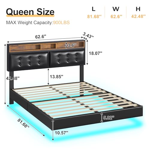 DICTAC Queen Floating Bed Frame with Led Lights and Charging Station Modern Queen Size Visual Floating Platform Bed Frame with Storage Headboard,Linen Queen Size Bed,No Box Spring Needed,Beige