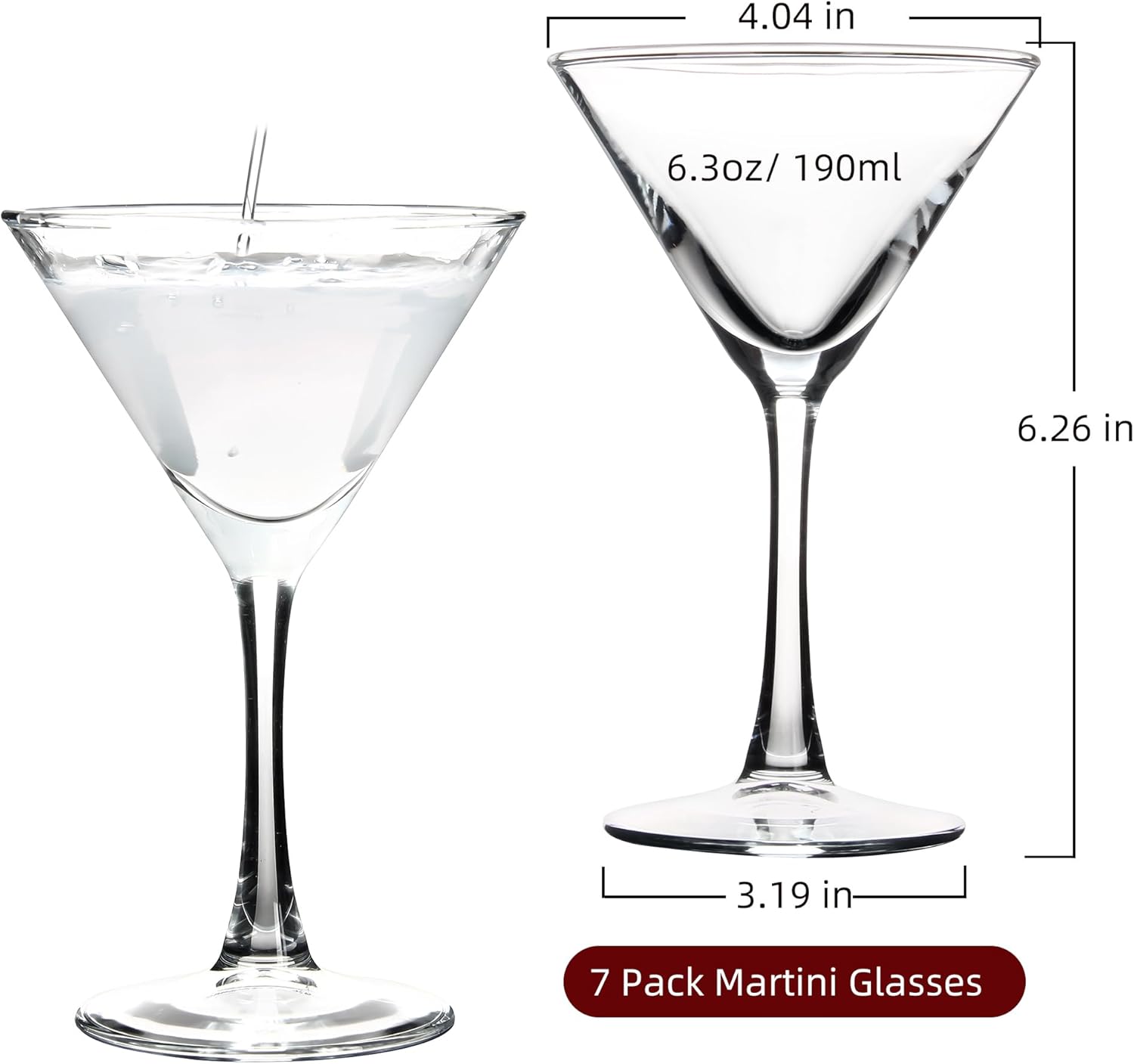 Martini Glasses Set of 7, 6.3oz Cocktail Glasses, Classic Stemmed Martini Wine Glasses, Clear Martini Glass Set for Bar, Cocktail Party, Wedding, Outdoors, Camping and More