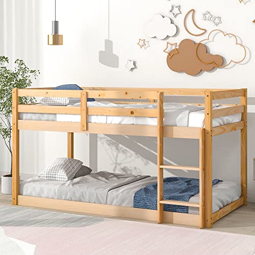 Twin Over Twin Bunk Bed with Safety Guardrail for Kids, Climbing Ladder, Easy to Assemble, Saving Space, Bed Bedroom Storage Guard Rail Ladder (Natural)
