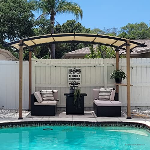 Sunjoy Outdoor Pergola 8.5 x 13 ft. Steel Arched Pergola with Tan Weather-Resistant Fabric Canopy for Patio, Backyard, Garden Activities
