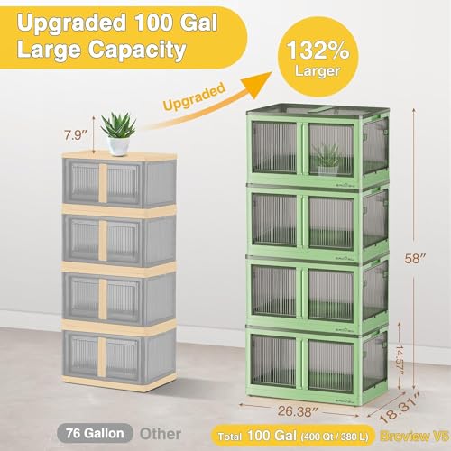 100Gal Stackable Storage Bins with Lids - Collapsible Storage Bins with Doors and Wheels, Folding Plastic Storage Boxes for Closets, Storage Cabinets for Closet (4 Pack Green)