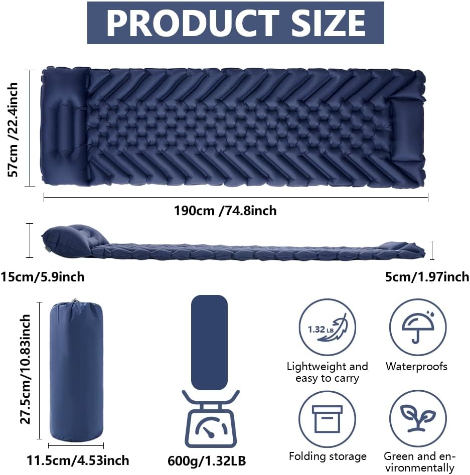 Sleeping Pad for Camping, Inflatable Camping Mats with Pillow and Built-in Foot Pump, Self-Inflating & Compact, Ultralight Air Mattress for Hiking/Tent/Outdoor/Backpacking/Traveling