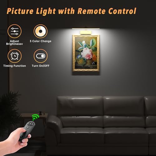 Picture Light with Remote, 15.35inch Wireless Rechargeable Battery Wall Light for Paintings, 3 Colors Paintings Light Dimmable and Timer Metal Art Light for Display, Wall, Artwork, Gallery (Gold)