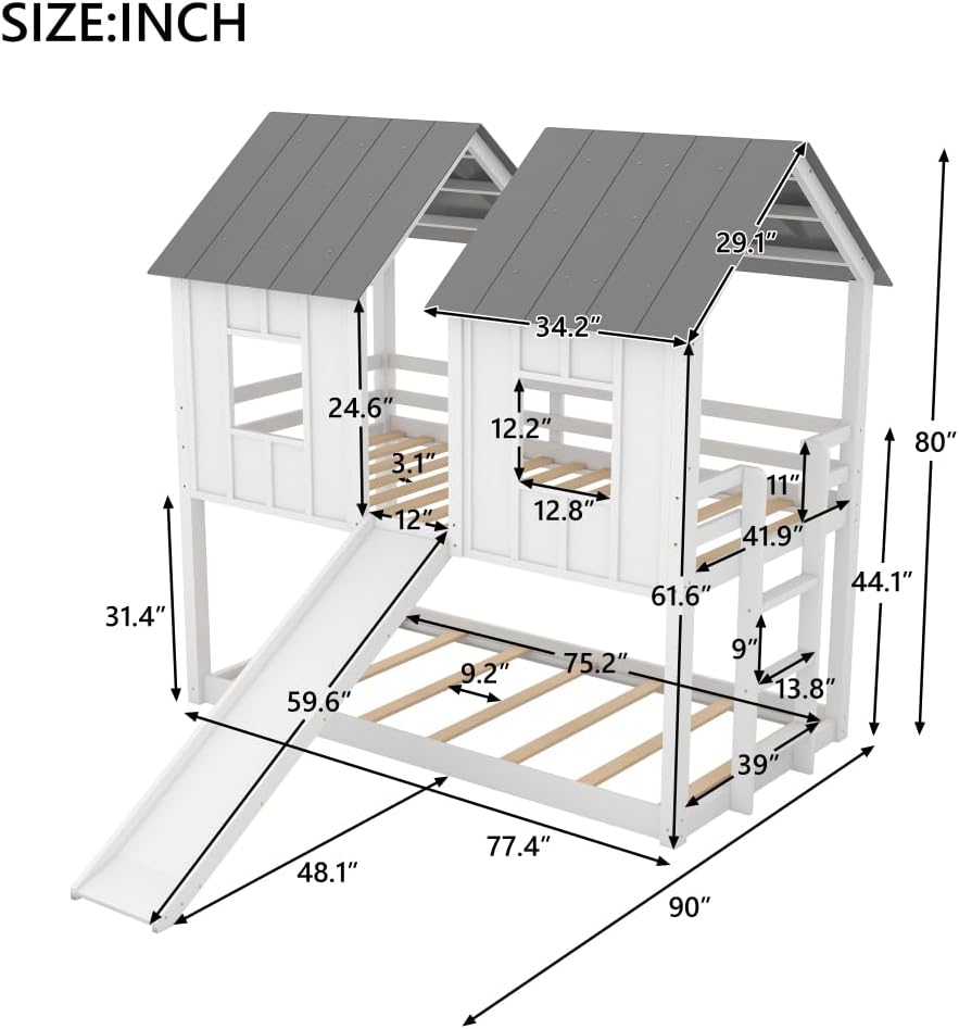 Twin Over Twin House Bunk Bed with Slide and Windows,White 2-Numbers of Package Pine Wood+MDF 14/7pcs 77.4