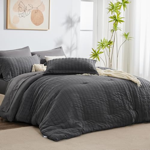 CozyLux Twin Bed in a Bag Light Grey Seersucker Textured Comforter Set with Sheets 5-Pieces for Girls and Boys - Bedding Sets with Comforter, Pillow Sham, Flat Sheet, Fitted Sheet, Pillowcase