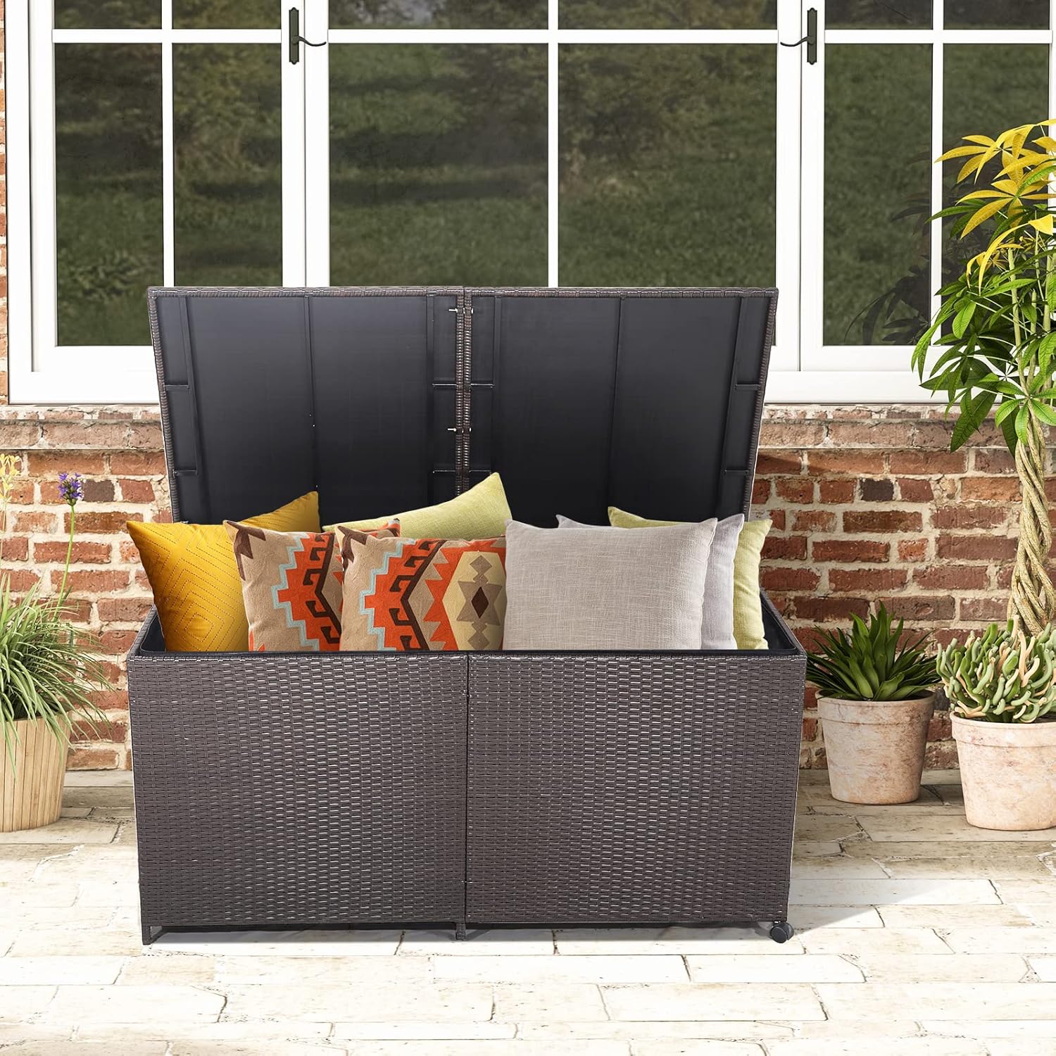 RELAX4LIFE 175-Gallon Storage Deck Box - Outside Wicker Storage Container with Zippered Liner, 2 Universal Wheels, Gas Strut, Patio Rattan Storage Bin for Backyard, Front Porch Outdoor Box, Brown