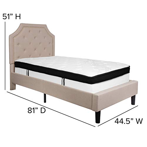 Flash Furniture Brighton Twin Size Tufted Upholstered Platform Bed in Beige Fabric with Memory Foam Mattress