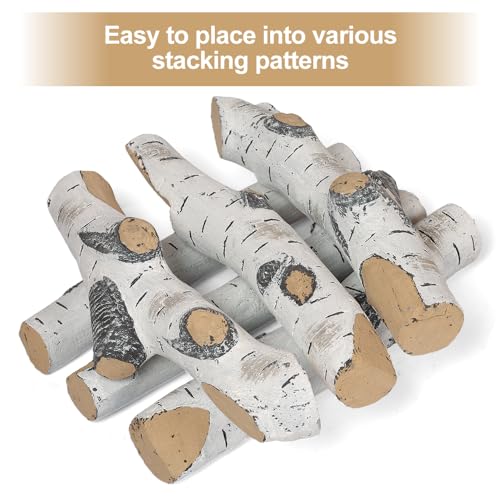 Fake Gas Fireplace Logs Set, Large Faux Ceramic Wood Gas Fireplace Logs Set White Birch for Gas Fireplaces Decorative, Fire Pits, Outdoor and Indoor Ventless Electric Fake Fireplace Logs