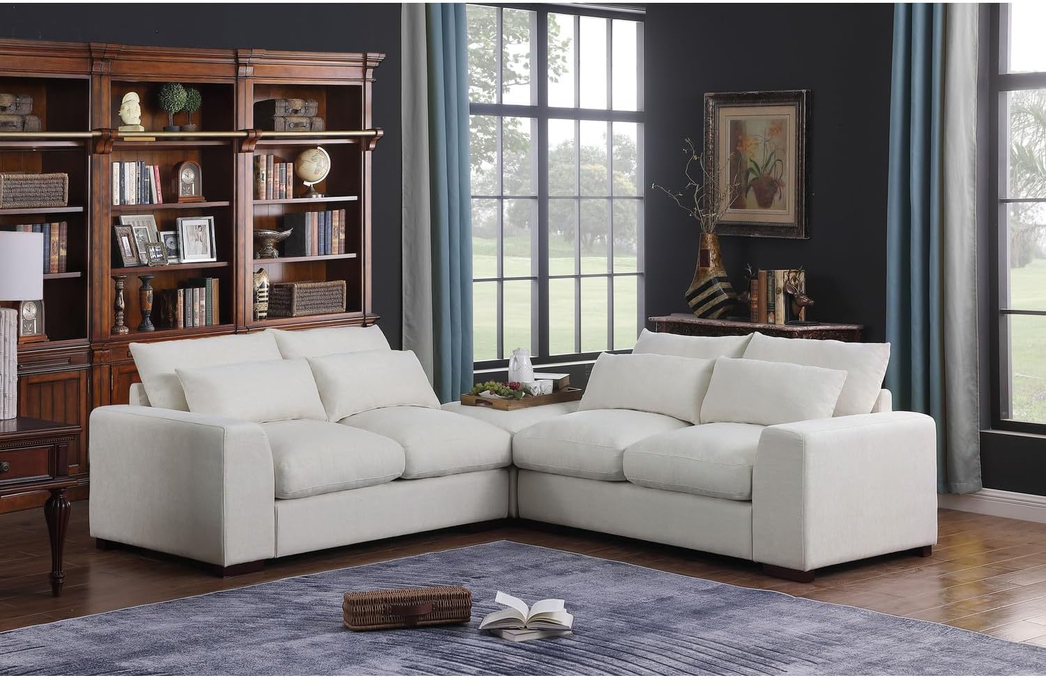 Devion Furniture 123.24'' Fabric Square Arm Modular Reversible Sectional Sofa & Ottoman-Beige