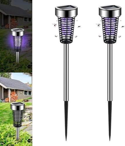 2 Pack Solar Bug Zapper Outdoor Mosquito Zapper Waterproof Mosquito Killer Lamp for Patio Backyard Garden Pathway Insect Mosquito Repellent UV and White Light