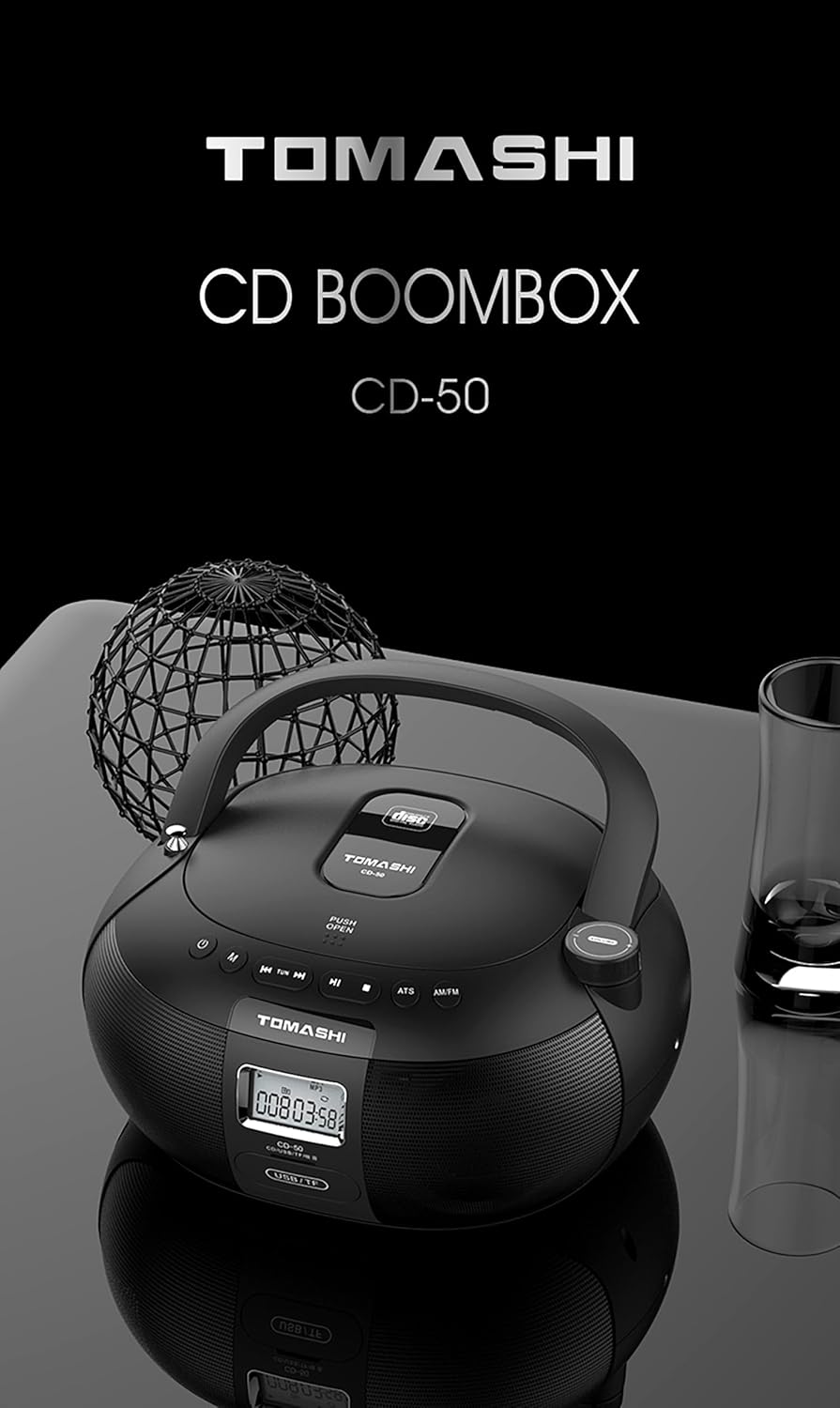 CD-50 CD Player Boombox in Black Portable CD Player | Stereo Sound | LCD Display | USB/TF Card Drive Supported | Headphone Jack