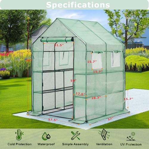 Walk-in Greenhouse for Outdoors, Thickened PE Cover & Heavy Duty Powder-Coated Steel, Mesh Door & Screen Windows, 14 Sturdy Shelves, 20 Pcs T-Type Plant Tags 4.7x4.7x6.4 FT, (GHW002G)