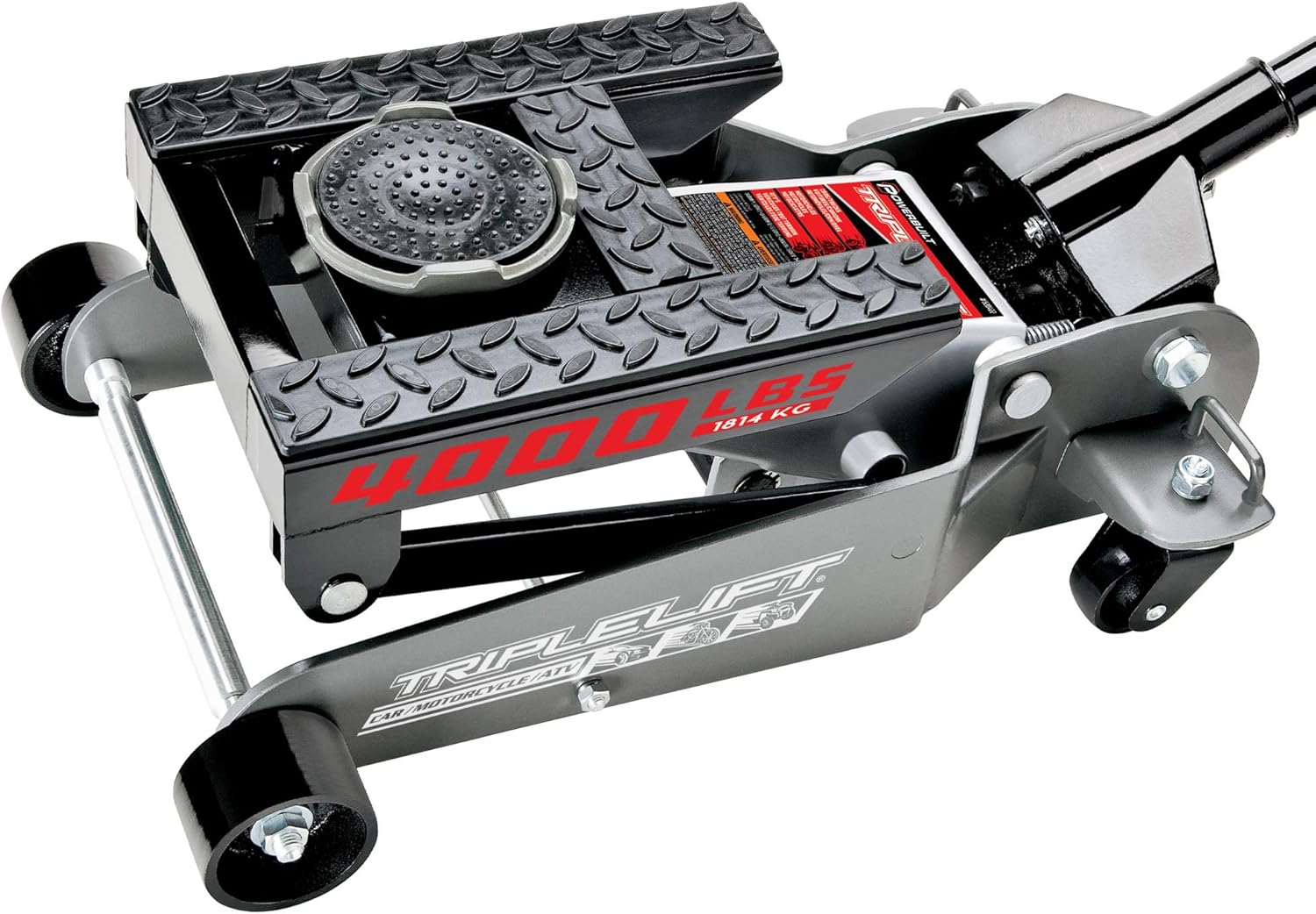 Powerbuilt 2 Ton Triple Lift Floor Jack, Lifts Cars, Trucks, Motorcycles, ATV's, Transmissions, Tie-Down Loops, Locking Safety Bar - 620422E, Silver