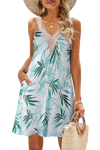SimpleFun Summer Dresses for Women Beach Lace V-Neck Sundresses Casual Tropical Print Sleeveless Short Dress with Pockets