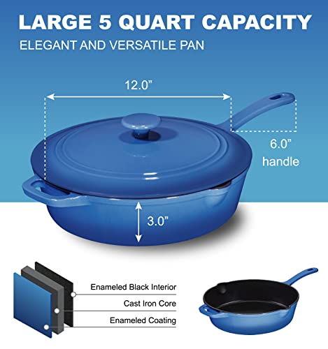Bruntmor 5qt Blue Enameled Cast Iron Skillets With Lid and handle, Non Stick Cookware And Grill For Casserole Dish, 5 Quarts Cast Iron Skillets Grill Frying Pan,Saute pan,Bakeware