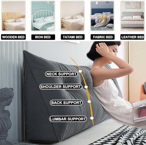 Triangular Reading Pillow Bed Backrest Large Bolster Cushion Headboard Wedge Pillow with Removable Cover and Two Large Side PocketsFor Neck & Lumbar Support(39x20x8in,White)