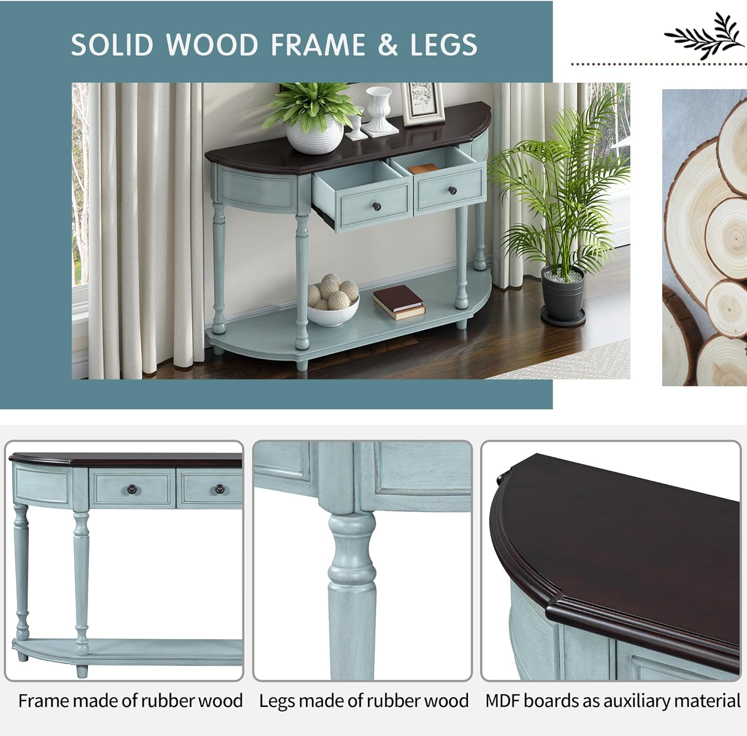 Retro Circular Curved Design Console Table with Open Style Shelf Solid Wooden Frame and Legs Two Top Drawers (Cherry + Antique Blue, OLD SKU: WF298768AAC)