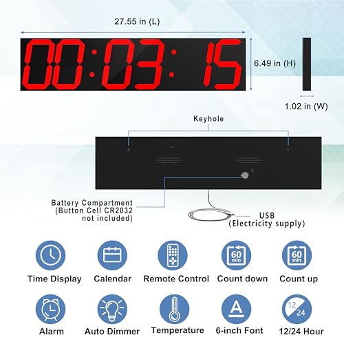 Digital Wall Clock, Oversize Led Digital Clock with Auto Dimmer, Huge Countdown Timer with Remote Control, 27