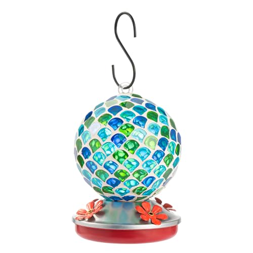 Backyard Expressions Glass Hummingbird Feeder - Blue/Green - Hummingbird Feeders for Outdoors Hanging, Hand Blown Glass Hummingbird Feeder