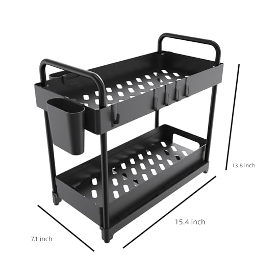 2 Pack Double-Layer Under Sink Organizer for Efficiently Utilizing Space, High Capacity and Space Saving, 2 Tier Sliding Under Sink Shelf with 4 Hooks and a Cup Slot(Black)