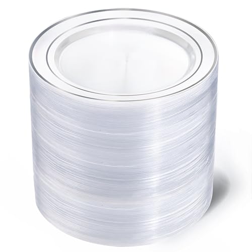I00000 100PCS Clear Silver Plastic Plates, Clear Plates With Silver Rim 10 Inch, Silver Dinner Plates Fancy Disposable Wedding Plates Heavy Duty Plastic Plates for Wedding Birthdays Party Dinner