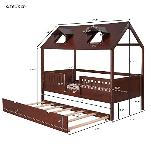 Twin XL/King Size House Floor Bed with Trundle, Foldable Daybed for Kids Toddlers, Wooden Bed Frame with Roof, Can be Decorated Tent (Gray+Trundle-Foldable)