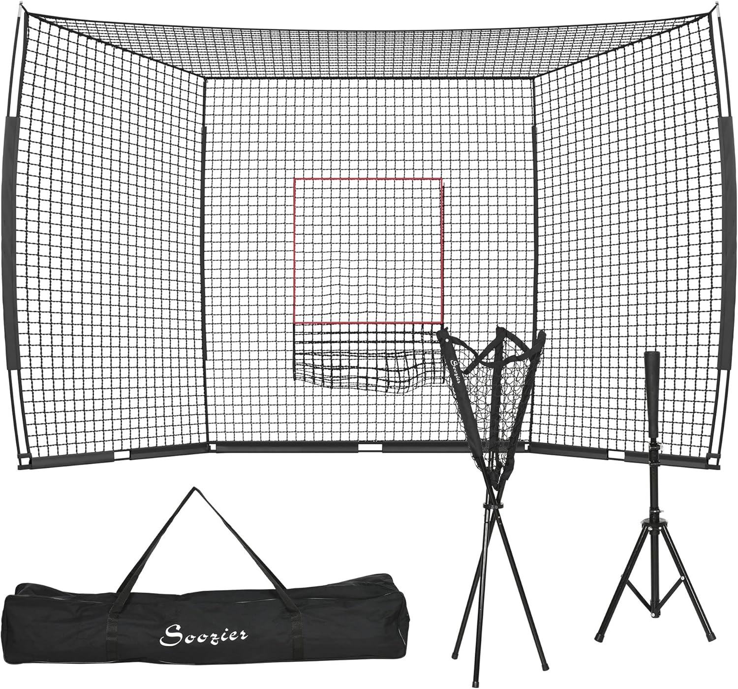 Soozier 17' x 5.5' Baseball Net with Strike Zone, Tee, Caddy, and Carry Bag for Pitching and Hitting, Portable Extra Large Softball and Baseball Training Equipment