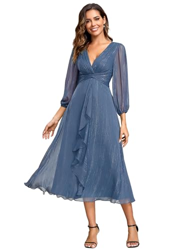 Ever-Pretty Women's Elegant A Line Ruched V Neck Long Sleeves Tea-Length Wedding Guest Dresses 01977