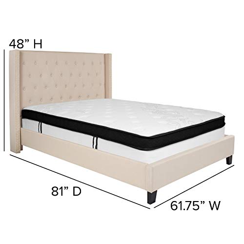 Flash Furniture Riverdale Queen Size Tufted Upholstered Platform Bed in Beige Fabric with Pocket Spring Mattress