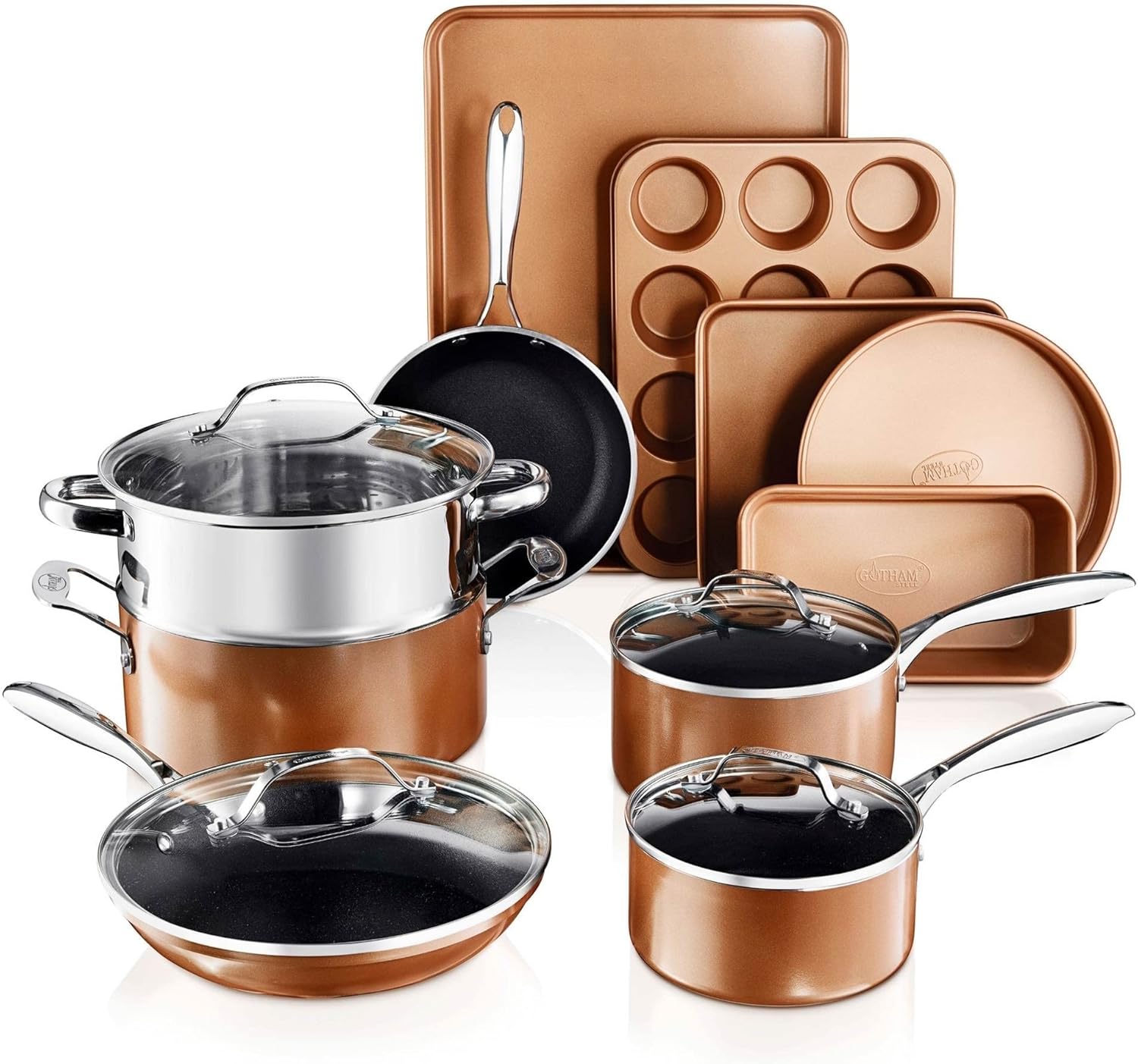 GOTHAM STEEL Copper Cast Cookware & Bakeware Ultra Nonstick Durable Coating – Includes Fry, Stock Pots Baking Pans, 15 Piece Set, Brown