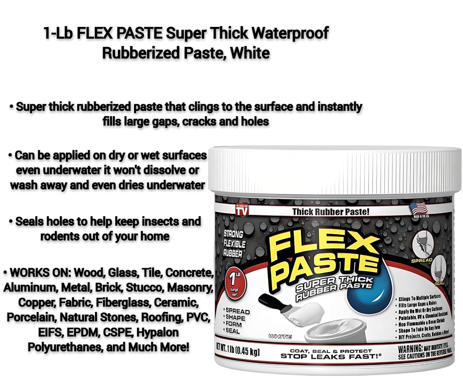 Flex Seal White Flex Paste 1lb, Waterproof Sealer Bundle with ONDAGO Microfiber Cloth & Putty Knife, Fixes Cracks/Holes