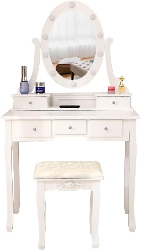 FCH with Light Bulb Single Mirror 5 Drawer Dressing Table White