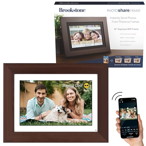 Brookstone 10.1” WiFi Digital Photo Frame | Send Photo or Video from Phone to Digital Picture Frame with Free PhotoShare Frame v2 app | End-to-End Encryption | Quick Easy Setup | Espresso Wood