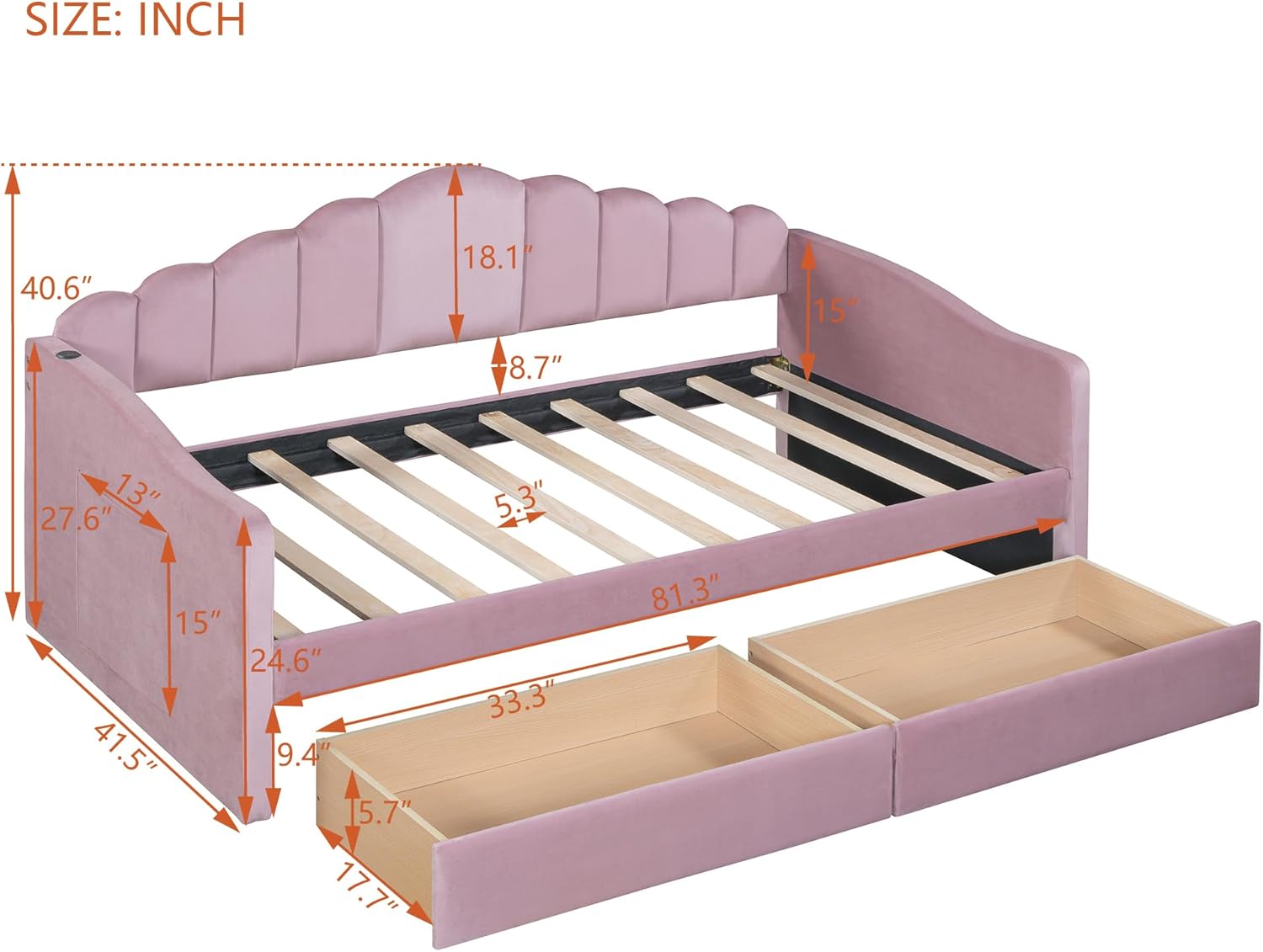 Merax Upholstered Daybed, Twin Size Velvet Fabric Sofa Bed with 2 Drawers & USB Charging Ports for Bedroom, Wood Slat Support, No Box Spring Needed, Easy Assembly, Pink