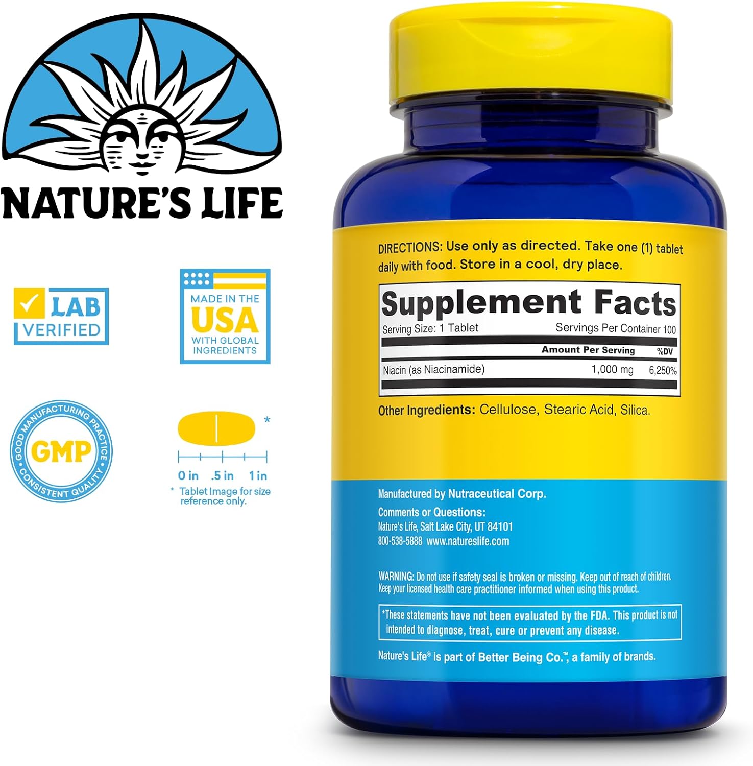Nature's Life Energizing Niacinamide, Vitamin B3 1000mg - High Potency, No Flush Niacin Supplement - Nerve Function, Energy and Metabolism Support - 60-Day Guarantee - 100 Servings, 100 Tablets