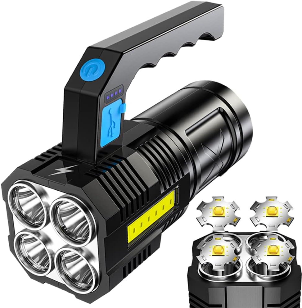 LED Flashlight USB Rechargeable, High Lumens Tactical Light with Sidelight, 4X LED, Zoomable, Handheld Super Brightest Flashlights, Portable Torch for Outdoor Camping Emergency Lantern