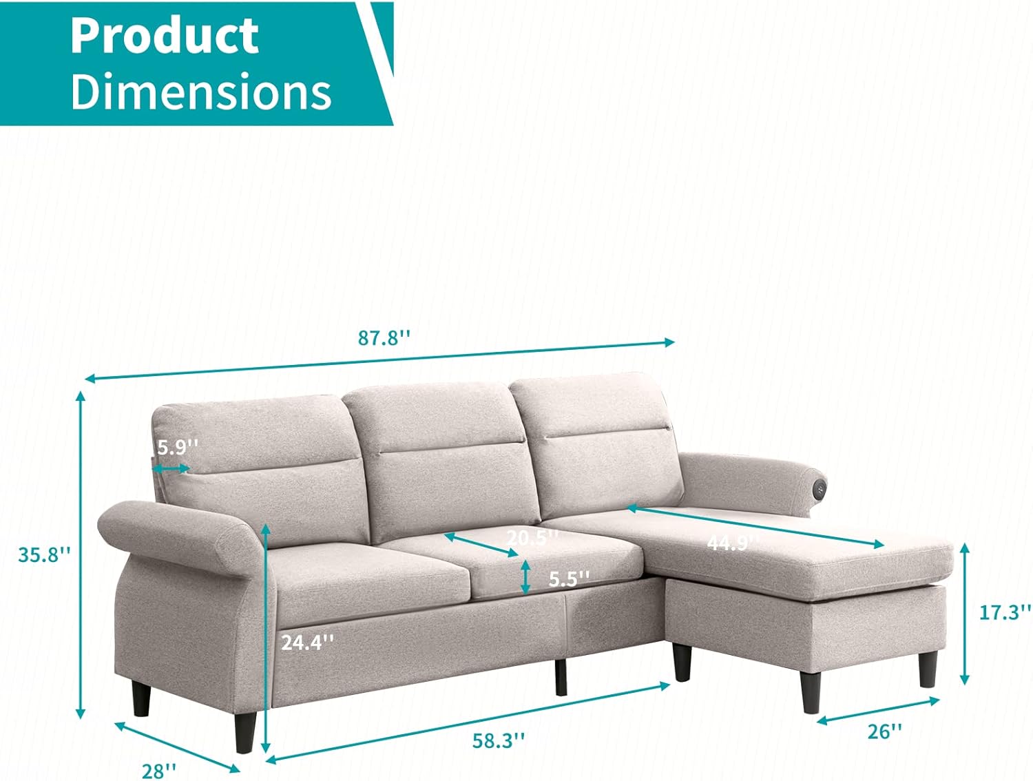 BALUS Convertible Sectional Sofa Couch, 3 Seat L-Shape Sofa Couch with 2 USB Ports and Adjustable Armrest, Small Reversible Sectional Couches with Ottoman for Living Room, Apartment, Beige