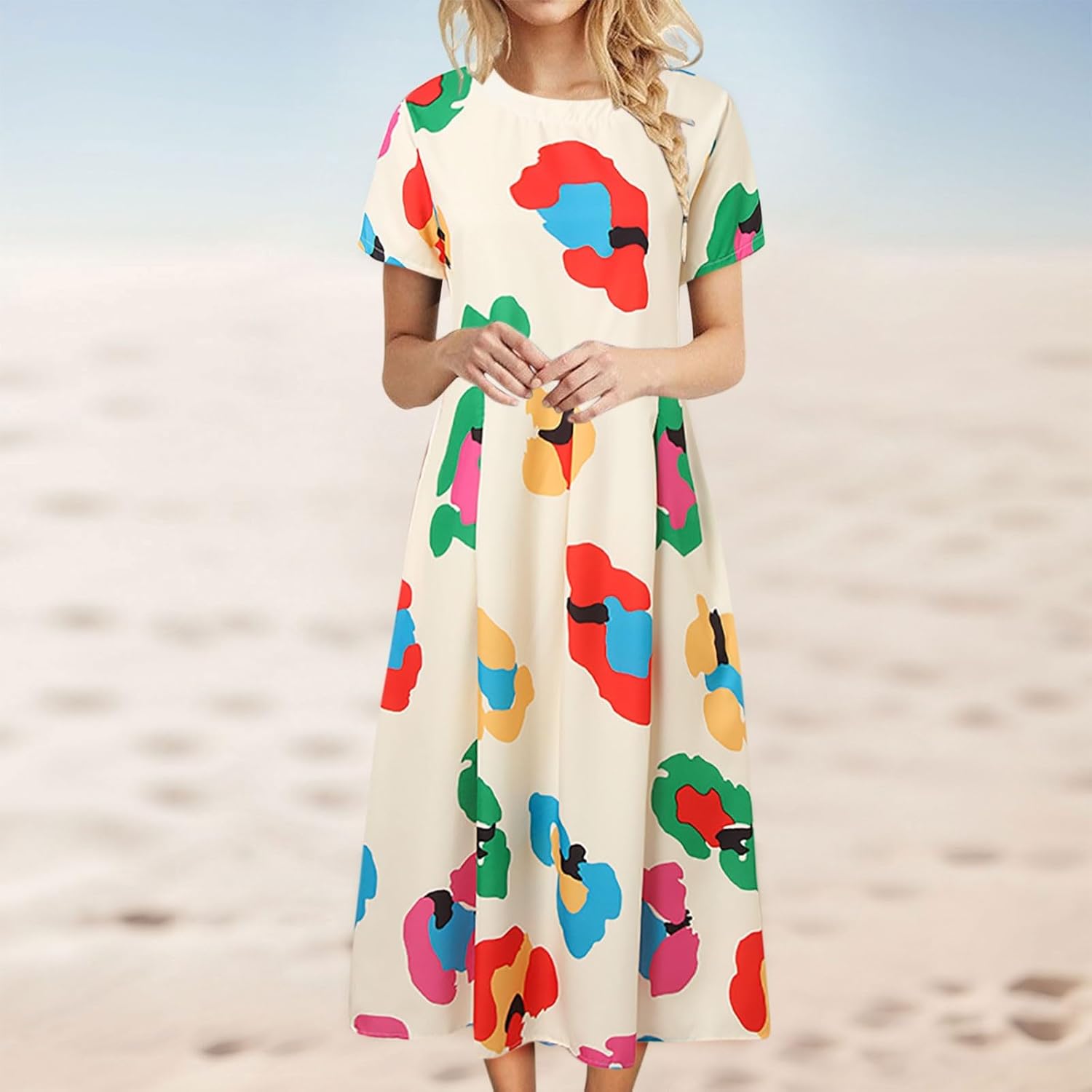 Hawaiian Dresses for Women Floral Print A Line Dresses Loose Swing Dress Crewneck Short Sleeve Summer Outfits