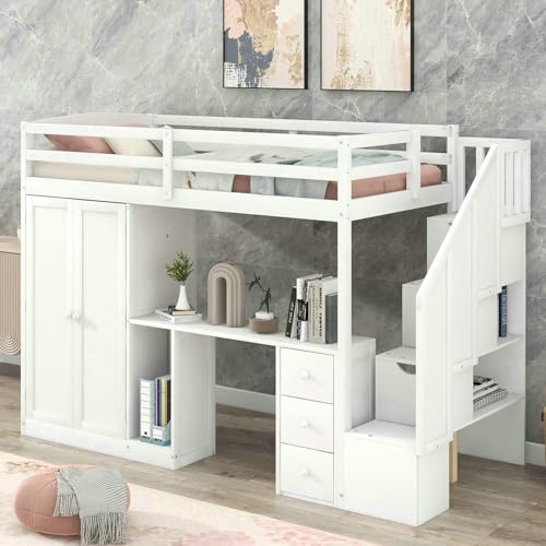 Twin Size Loft Bed with Wardrobe and Staircase, Desk and Storage Drawers and Cabinet, White