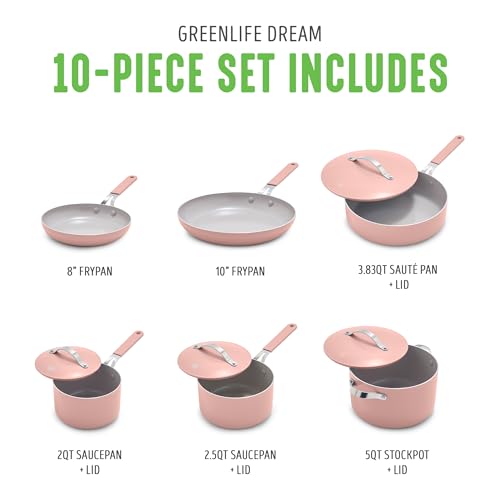 GreenLife Dream 10-Piece Ceramic Nonstick Cookware Set, Pots Frying & Sauce Pans, PFAS Free & PFOA Free, Dishwasher & Oven Safe, Stay-Cool Handles, Durable Aluminum Body, Versatile Cooking, Sage Green