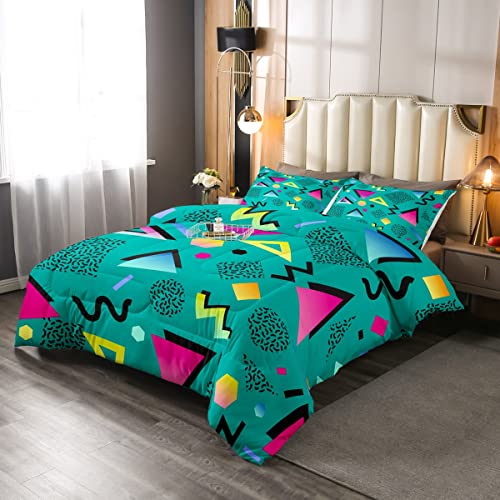 80s 90S Fashion Style Comforter Set Queen Size,Retro Memphis Style Pattern with Geometrical Shapes Bedding Set for Kids Child,Funky Hipster Old Fashioned Duvet Insert Geometric Bedroom Decor