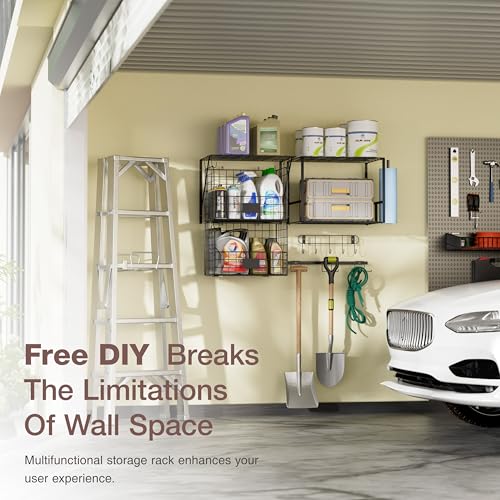 Garage Shelving with Wire Baskets, Garage Wall Shelves with Paper Towel Holder, Heavy Duty Garage Storage Shelves with Hooks, Wire Shelf Baskets for Home Garden Garage Organization